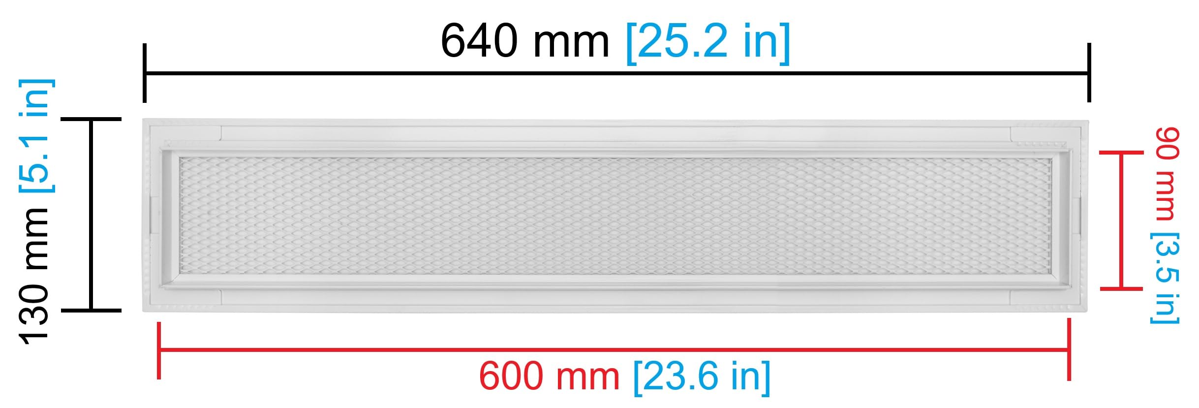 Rejilla de ventilación aluminio perforado con malla protectora – Blanco RAL 9016 – difusor aire caliente interior/exterior – rejilla lineal 60x9 cm.