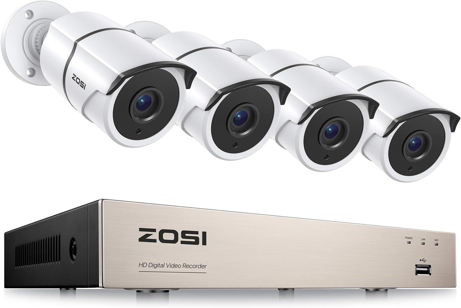 ZOSI 8CH 1080P DVR Recorder + 4X 1080P HD-TVI Cameras, AI Human/Vehicle Detection, Waterproof, Compatible with HD-TVI/CVI/CVBS/AHD Analog Cameras (No Hard Drive).