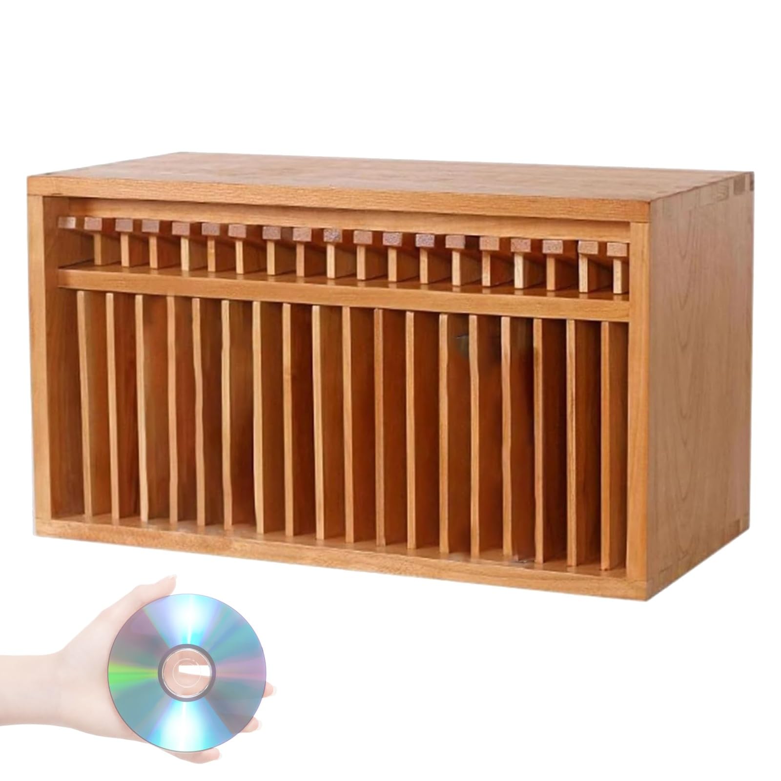 Stojak do przechowywania płyt CD, drewniany stojak na album z wyskakującym przyciskiem, pojemność 19 płyt CD, organizer na DVD w stylu vintage, stojak do sali teatralnej i dekoracji wnętrz