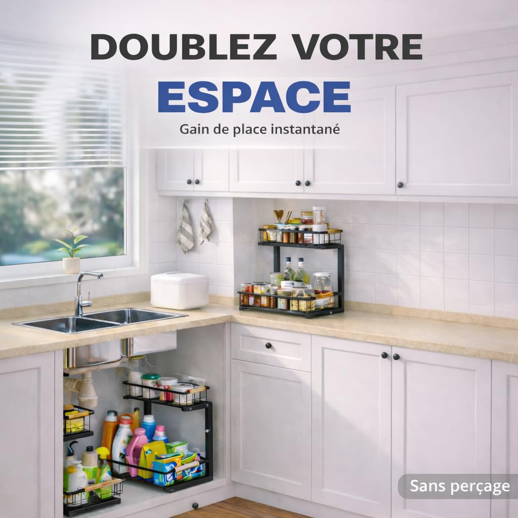 Rangement Sous Evier Coulissant 2 Niveaux Gain de Place Cuisine Plateau Large 30 cm Reglable 35 a 43 cm Acces Facile Placard Salle de Bain Buanderie - 3
