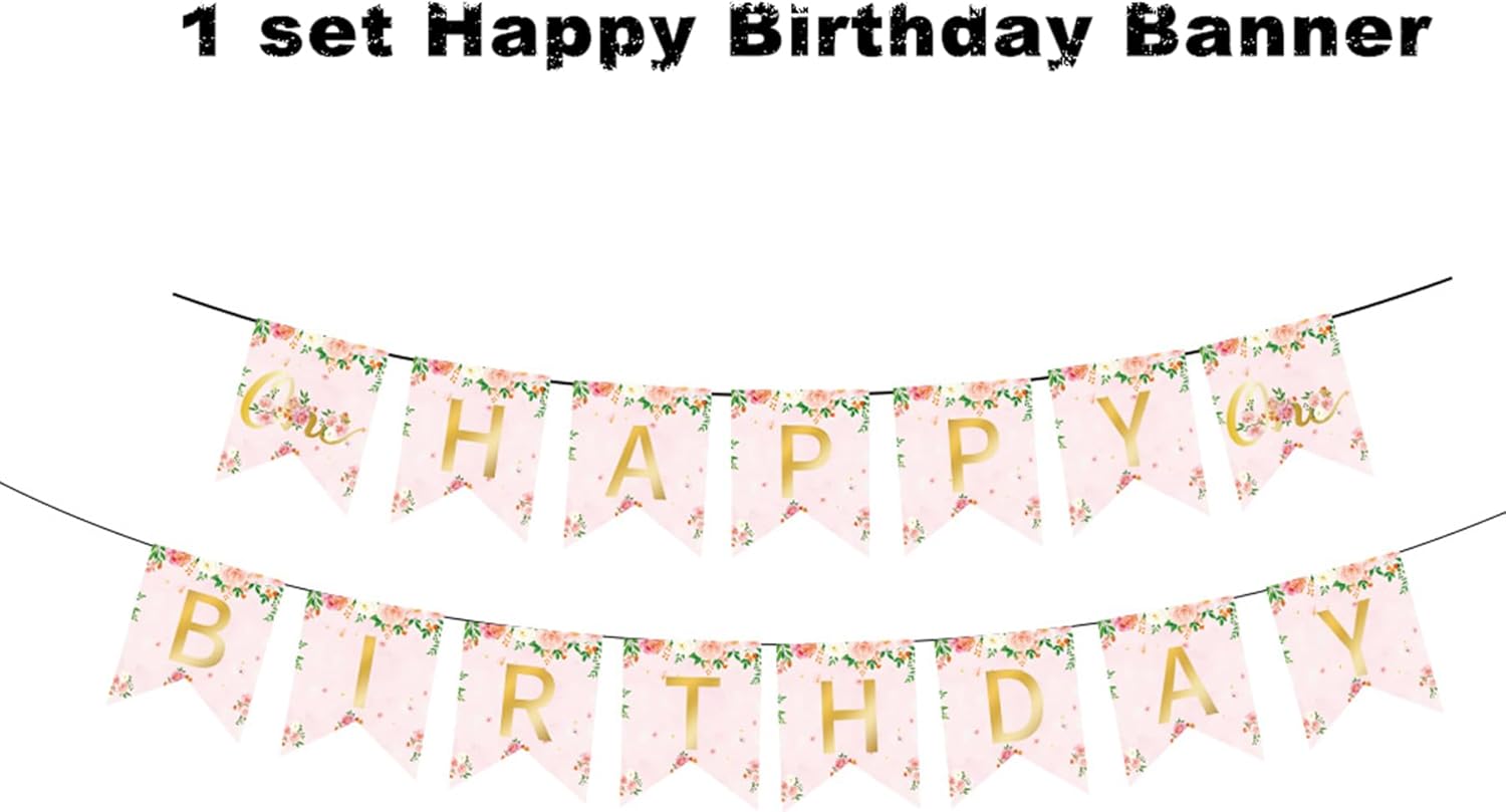 147 Pcs 1st Birthday Party Supplies, Girls’ One Birthday Plates Napkins Cups Straws Tablecloth Forks Dinnerware, First Year Floral Party Decorations Favors for Baby Shower, Serves 24 Guests