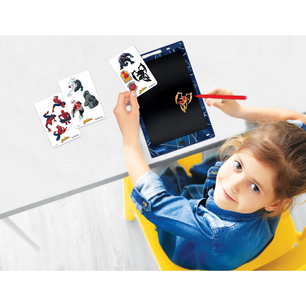 Lexibook, Spider-Man, Lavagna Magica, Giocattolo Artistico e Creativo per Bambini e Bambine, Disegni Multicolori, Schermo da 28 cm, Include 1 Stilo e 6 Stencil, Blu, CRT10SP