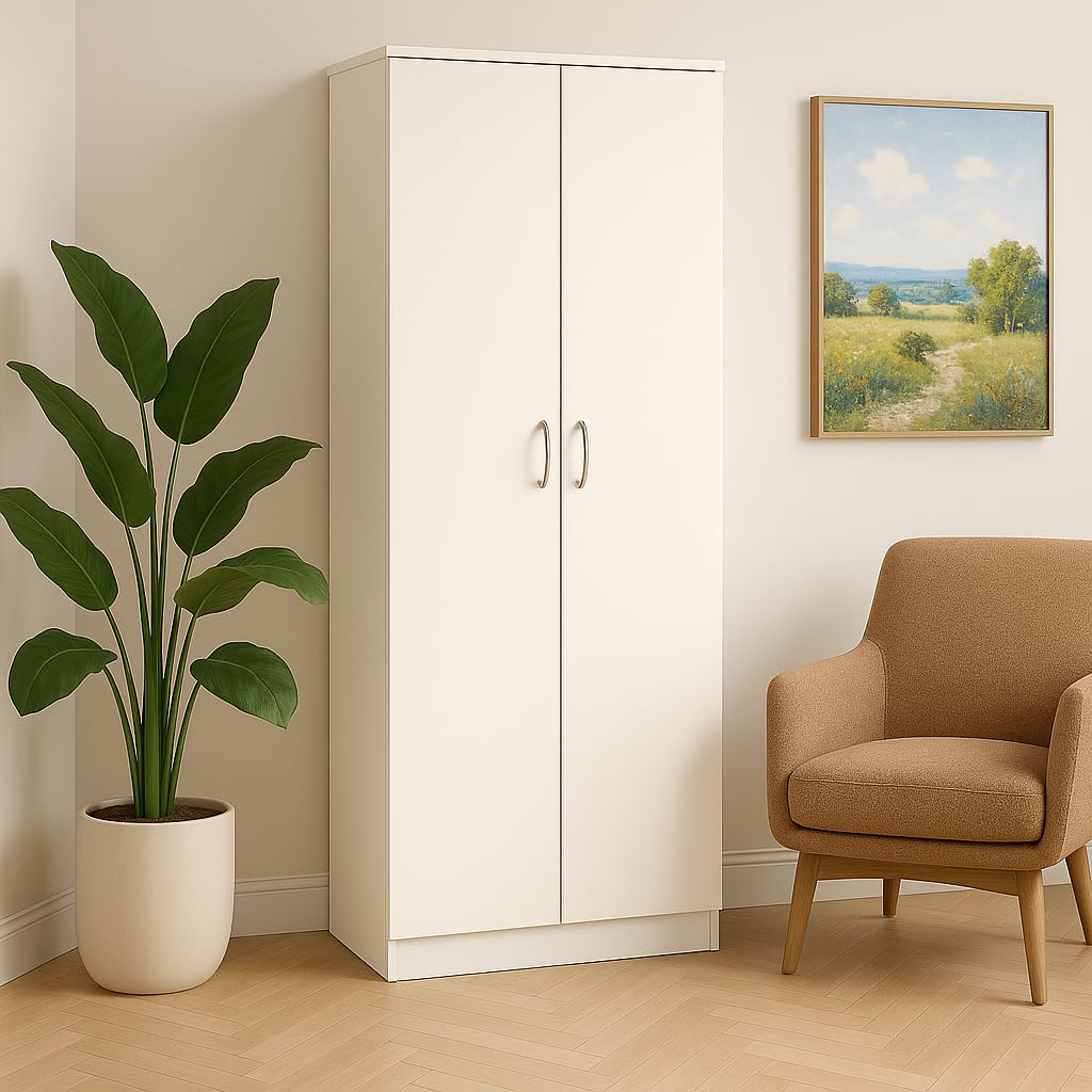 eacommerce - Armadio Multiuso con 2 Ante | 5 Ripiani | Stile Moderno in Legno Melaminico | Chiusura Rallentata, Maniglie Cromo Satinate | Per Ingresso Garage Ripostiglio - Colore Bianco
