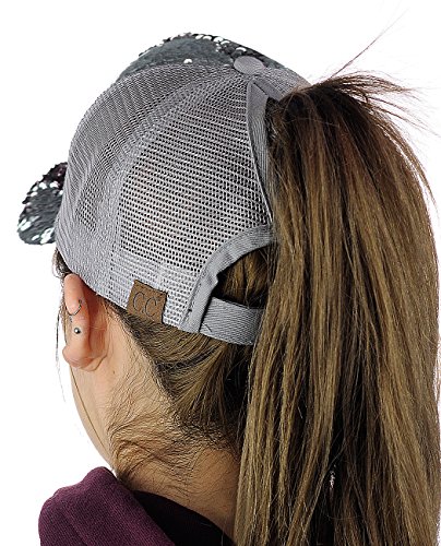 C.c Ponycap Messy Bun Ponytail Reversible Magic Sequin Adjustable Baseball Cap, Silver/Rose #TOP1
