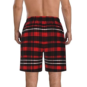 Plaid Red and Black Men Mens Shorts Casual Waist Drawstring