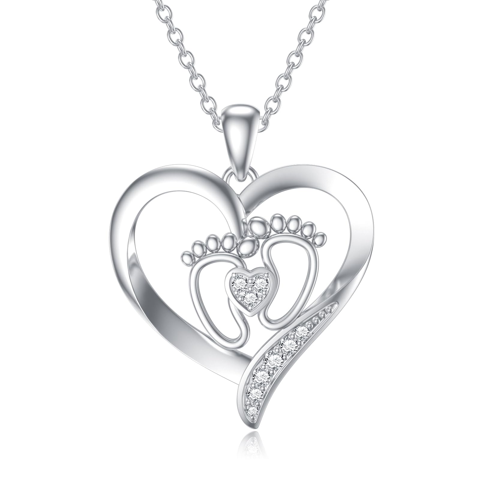 LWXIE Diamond Baby Feet Necklaces for Women 925 Sterling Silver Mother Heart Pendant Baby Footprint Necklace for Mom-to-Be Gifts Diamond Jewelry