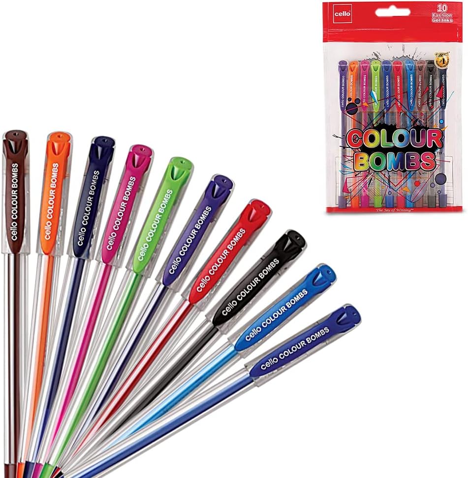 Cello Colour Bombs coloured ink Gel pens - Pack of 10 (Assorted) | 10 vivid ink colours | Ideal for art, project work, journal work, presentations