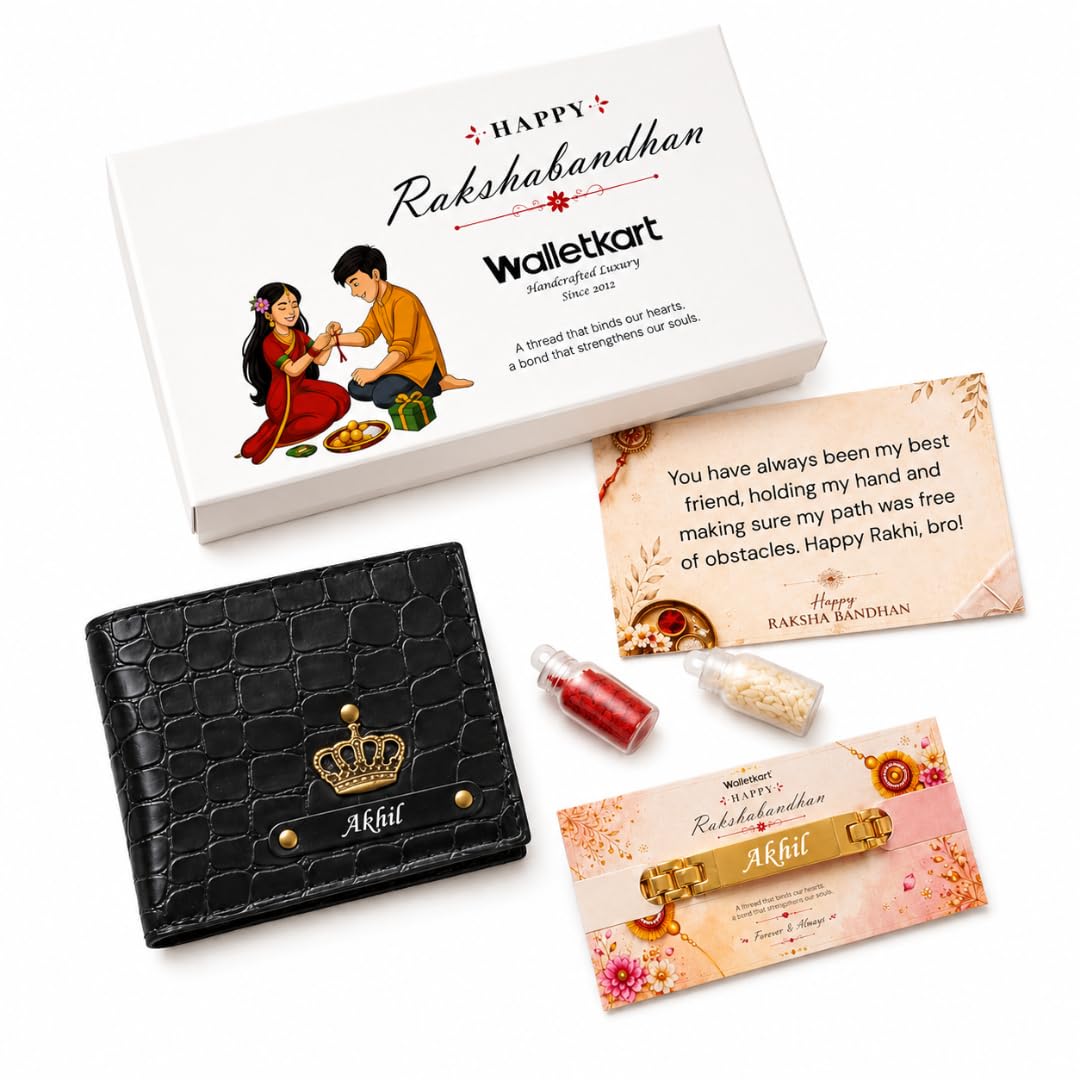 Personalized Textured Leather Wallet with Personalized Rakhi Gift Set | Premium Gift Box with Roli & Chawal | Raksha Bandhan Gift for Brother (Black)-image-0