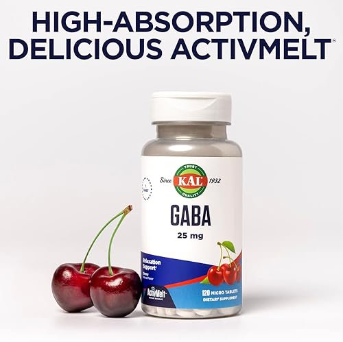 Miniatura 6 de KAL Suplemento GABA, apoyo de relajación y alivio del estrés, sabor a cereza natural ActivMelt disolución instantánea, vegetariano, garantía de
