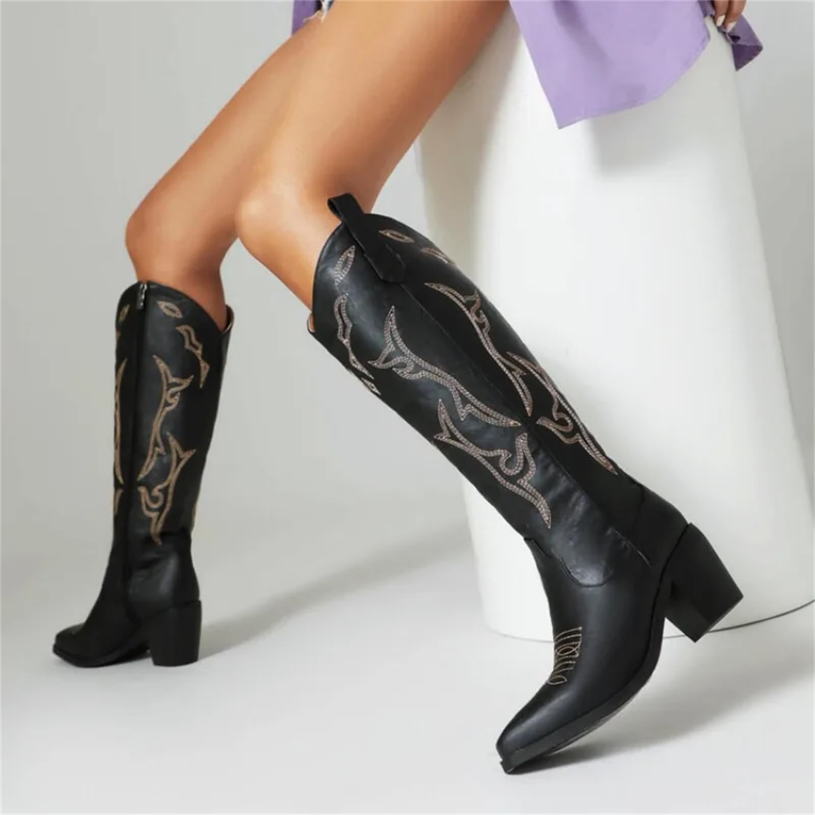 Lmtossey Stivali da cowgirl ricamati per le donne al ginocchio alti tacchi grossi stivali western donna cerniera autunno inverno scarpe