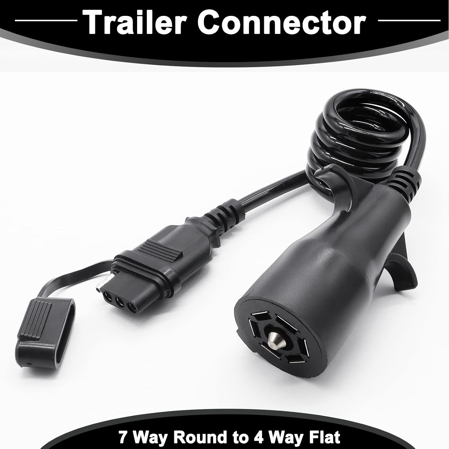 AUTOXBERT 7 Way Round to 4 Way Flat Coiled Trailer Adapter 7 Pin to 4 Pin Coiled Pigtail Extension Wiring Connector RV Trailer Light Plug