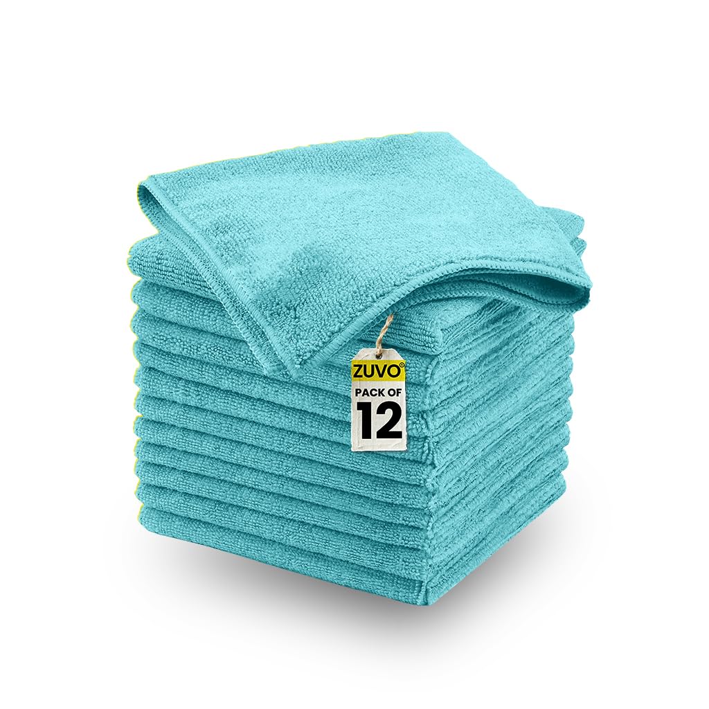 Zuvo Microfibre Cleaning Cloth 12 Pack - Lint-Free Car Cleaning Cloths for Paint Glass & Interior, Blue, XL
