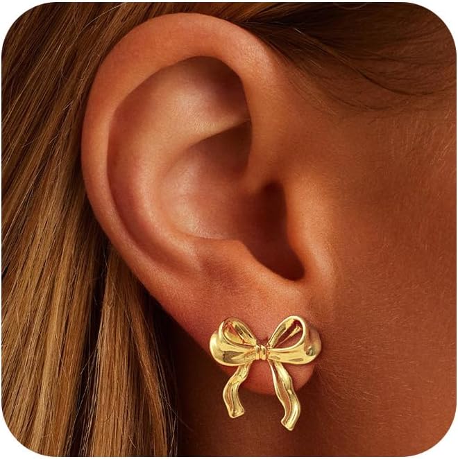 Gold/Silver Bow Earrings for Women, Post Ribbon Knot Earring Bow Stud Earrings Daily Jewelry