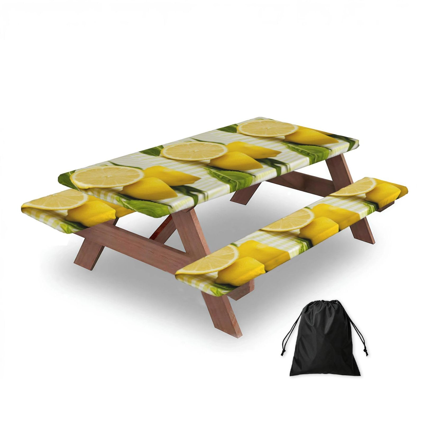 Dopklna As Picture Yellow Lemon, Picnic Table Cover With Bench Covers -Waterproof Elastic Fitted Tablecloth For Garden Camping Patio 76X152cm