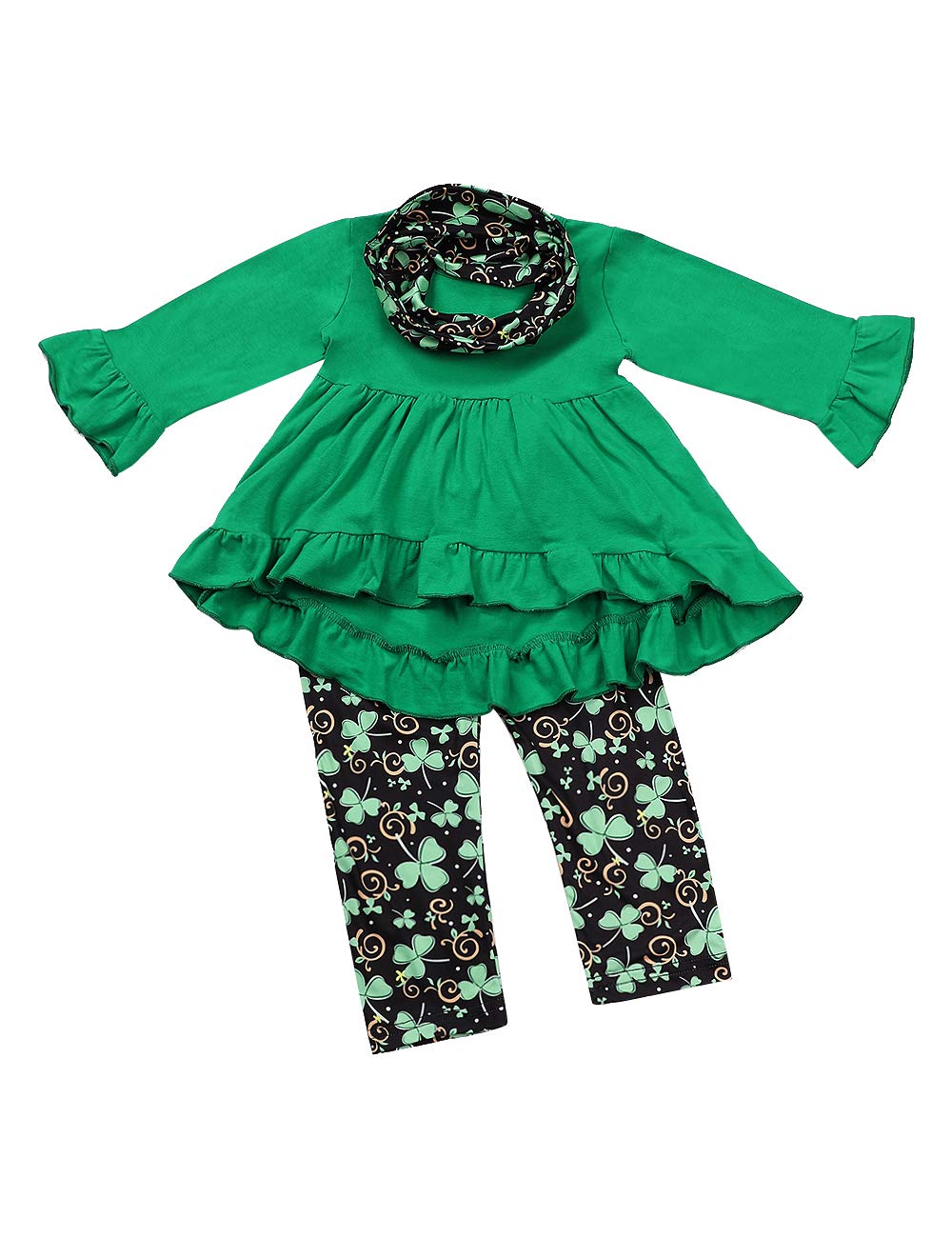 St.Patrick's Day Toddler Baby Girls Clothes Ruffle Dress Tops Shamrock Leggings Pants & Scarf Outfit Set