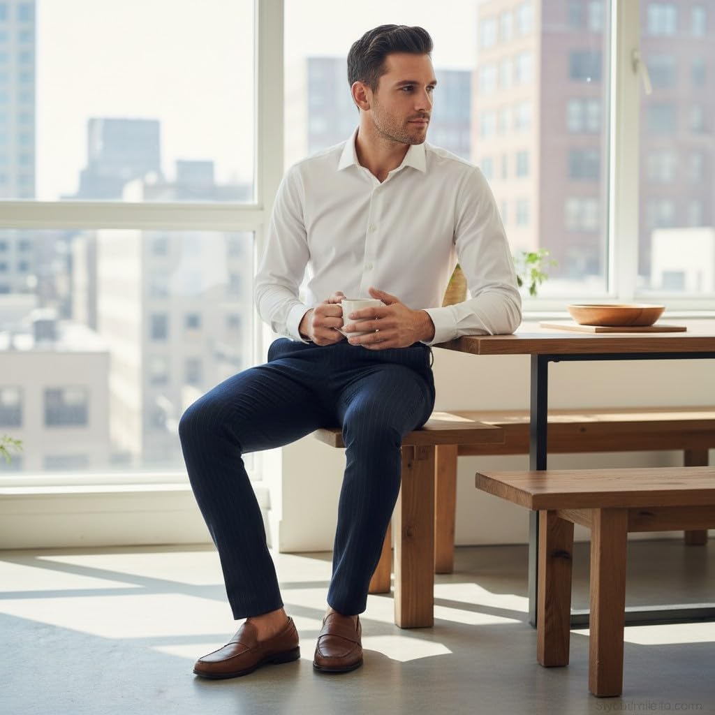 HBDesign Mens Classic Slim Fit Flat Front Straight Iron Free Trousers Stripe Color