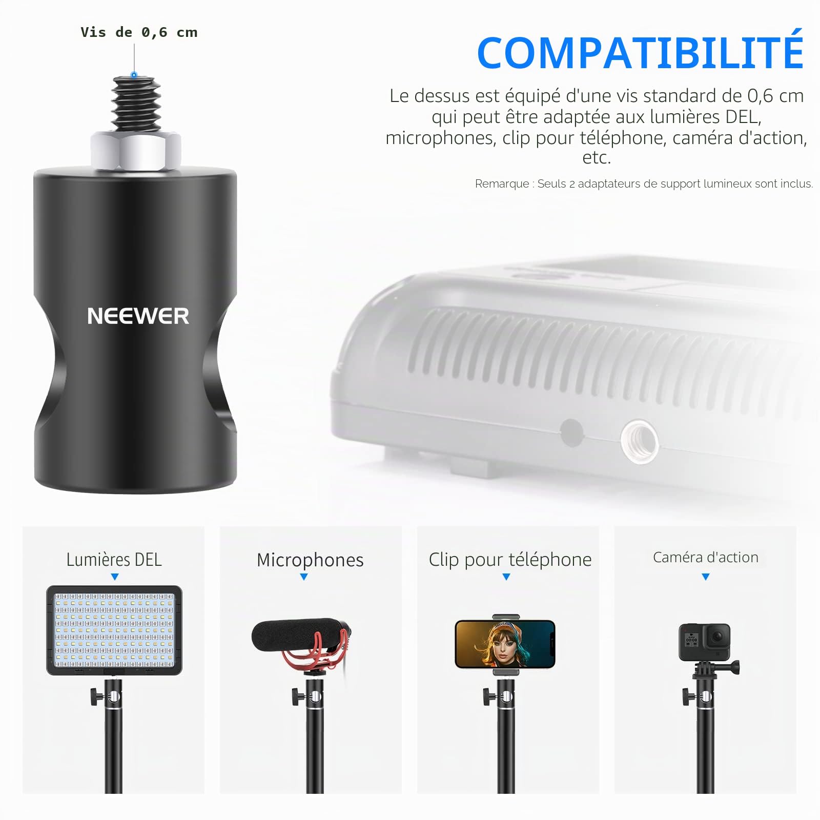 NEEWER 2 Packs Adaptateur Rapide Convertir avec Vis 1/4",Adaptateur de Pointe pour Support d'éclairage Multifonctionnel-Convient pour Le Support de Caméra, pour Studio Photo- ST12