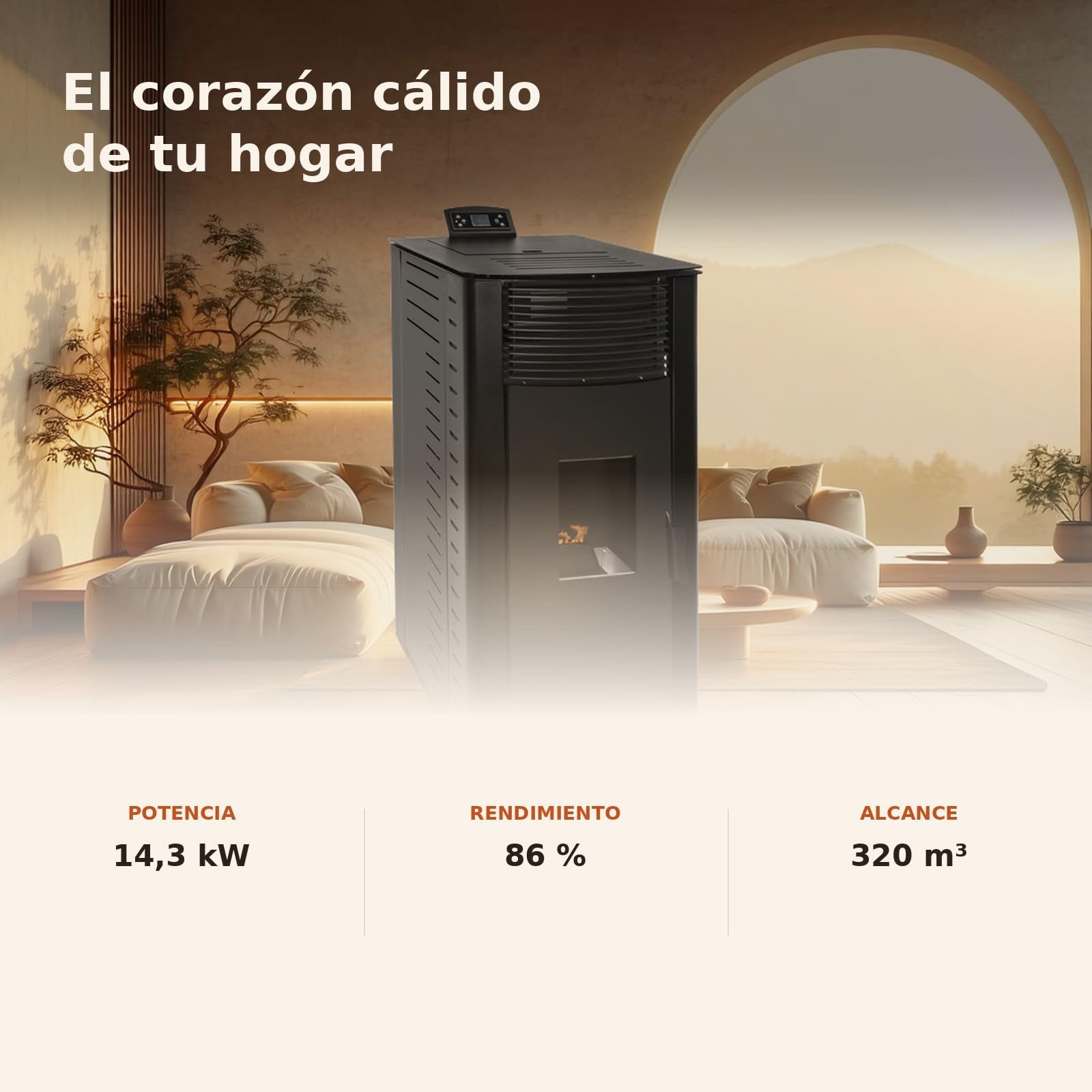 EIDER BIOMASA Estufa Pellets Canalizada GYDA – 14,95 kW – La Mayor Potencia – Hasta 340 m³ – Multiestancia – Tolva 15 kg – Programable – Clase A+