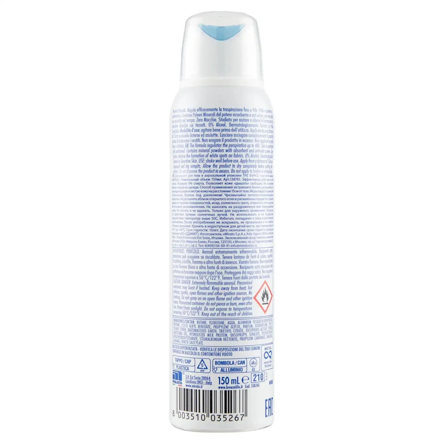 BREEZE Deodorante spray White Minerals, senza macchie sulla pelle, 0% di sali di alluminio 150 ml + 1 confezione di talco Felce Azzurra gratis, 100 g