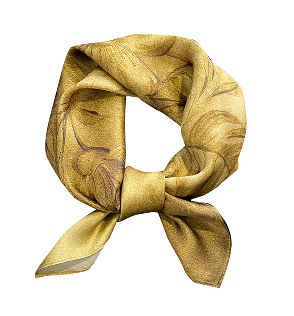 Meisee Women's Yellow Sand Art Mulberry Silk Scarfs Small Square Scarf 21" X 21" Breathable Lightweight Neckerchief Headscarf, 21In