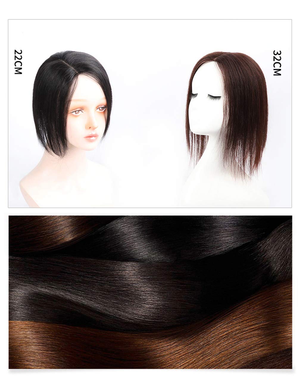 Double Lase Silk Base Part Straight Topper 13 x 14 cm Human Hair Seamless Clip in Crown Ersatz Haarteil rechts / 22 cm, Dunkelbraun