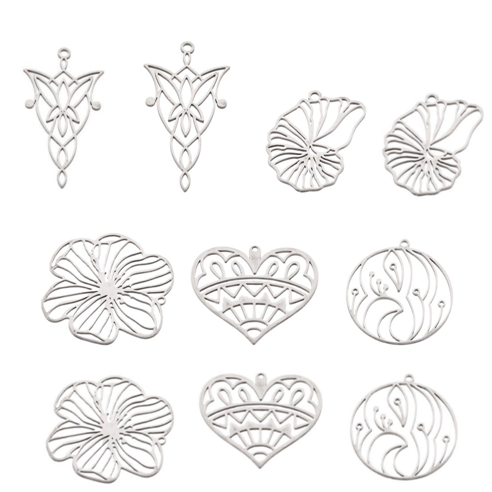 Spritewelry Stainless Steel Charms for Jewelry Making Silver Filigree Butterfly Heart Connector Charms Metal Moon Owl Hollow Crafts Pendants Charm for