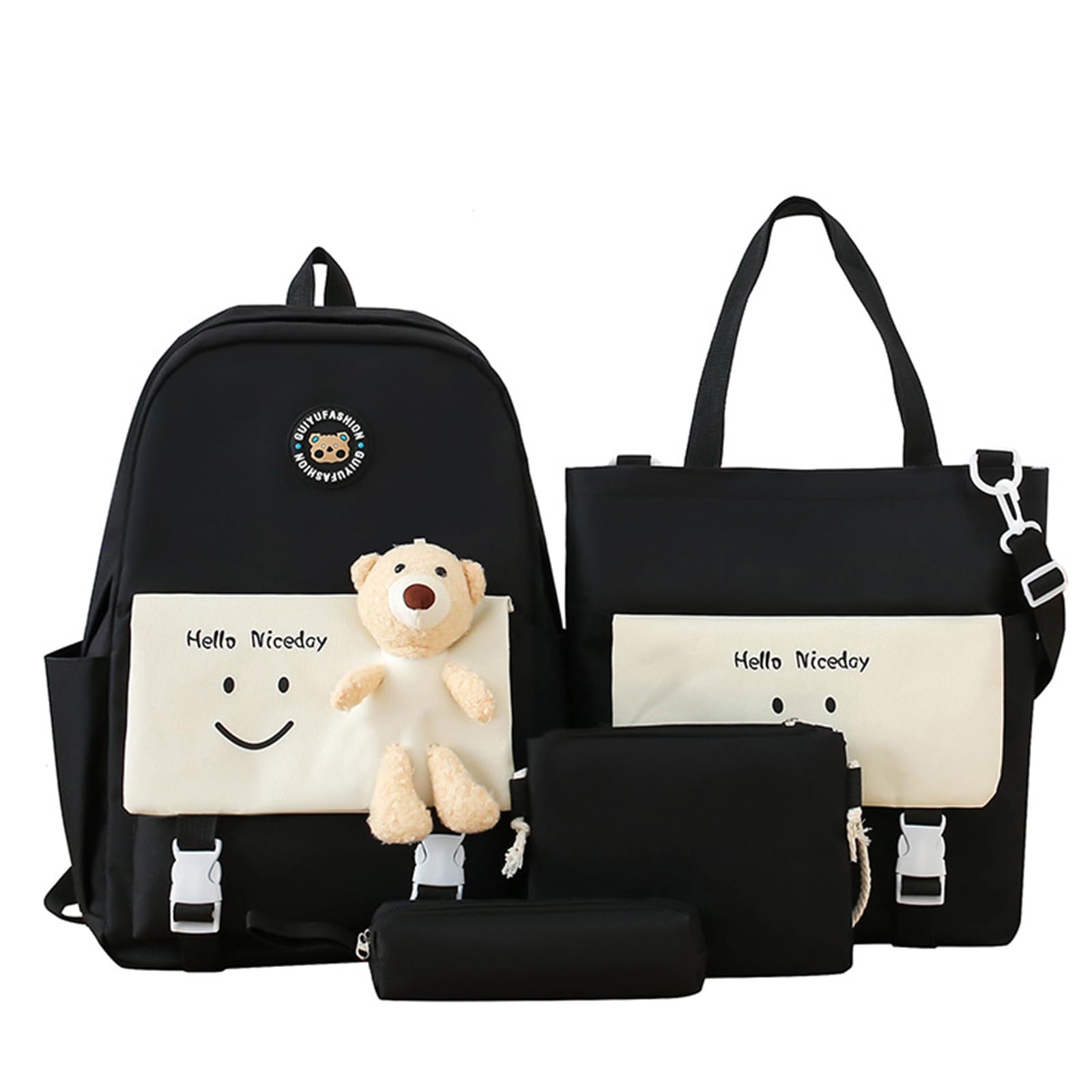 GLOOMALL Kawaii Kid Backpack 4Pcs Aesthetic Backpack Cute Teddy Bear School Bag and Shoulder Bag, Pencil Box, Tote Bag (Black)