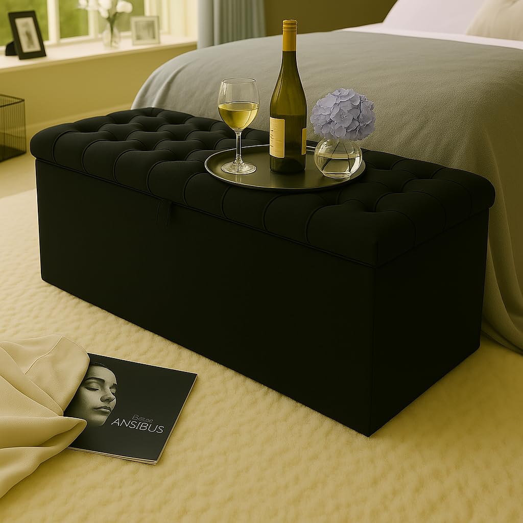 Chesterfield Ottoman Storage Bench - Pouffe Stool Footstool Ottoman Storage Box in 3ft 4ft 4ft6 5ft 6ft Sizes - In Chenille Fabric with Matching Buttons (Black Chenille, 4ft6 Double Size)