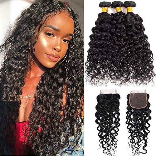 Sakalaka 9A Brazilian Water Wave Bundles With Closure(10 12 14+10) Free Part 100% Unprocessed Wet And Wavy Curly Human Hair Weave Bundles With Closure Natural Colour