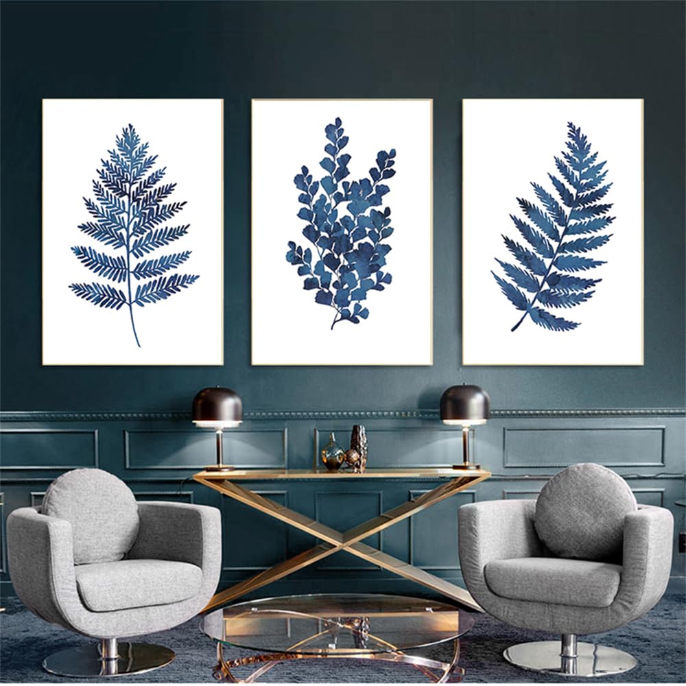 WBYZAC Art Prints-Blue Foliage Painting Ink Blue Fern Prints Watercolor Leaf Botanical Art Canvas Bedroom Kitchen Office Home Wall Decor Artwork-50 * 70cm*3PCS (No Frame)