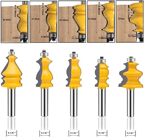 Miniatura 6 de Juego de brocas para enrutador de moldeo arquitectónico, vástago de 14 de pulgada, 5 piezas, redondeo de esquina, redondeo de bordes, juego de