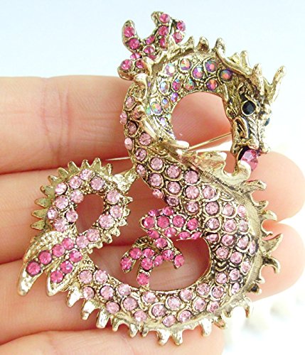 Sindary Art Style 2.36" Dragon Brooch Pin Pendant Austrian Crystal Bz2980 (Gold-Tone Pink) #TOP3