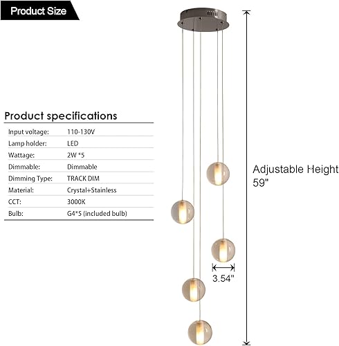 Miniatura 6 de Candelabros de vestíbulo de 5 luces para techos altos, candelabro de bola de cristal con forma de gota de lluvia, luz colgante de entrada LED