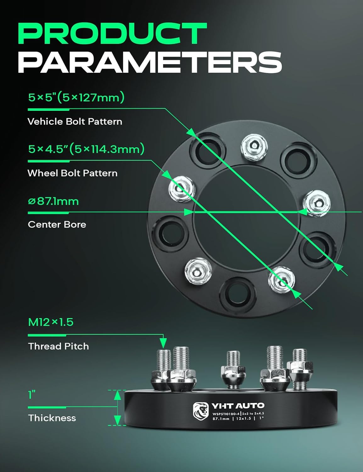 YHTAUTO 5x5 to 5x4.5 Wheel Adapters 1 inch Fit Grand Caravan 08-20, Town & Country, Pacifica, Journey, Caprice, Impala, Roadmaster, Routan, C/V, 5 Lug Tire Spacers w/ 12x1.5 & 12.9 Studs, 87.1mm Bore