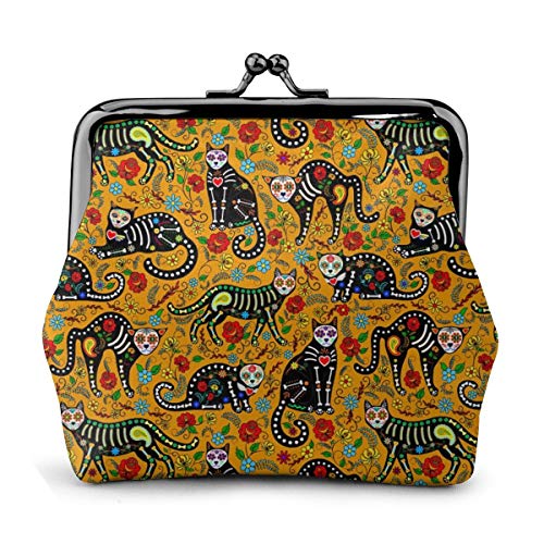 Mexican Sugar Skull And Black Cats Women's Leather Coin Purse, Small Change Pouch With Kiss-Lock Clasp Closure Buckle Wallet #TOP16
