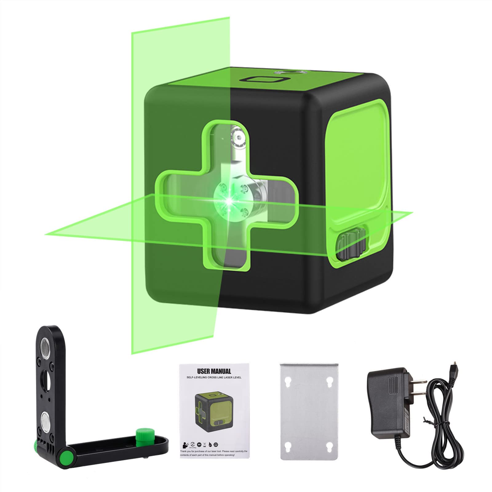 Nivel Láser Verde 30M, USB Carga, Láser Autonivelante, IP54 en Exteriores, 2 Láser Módulo Línea Cruzado Vertical/Horizontal, Hoja de hierro,Soporte Magnético, 360°Rotante