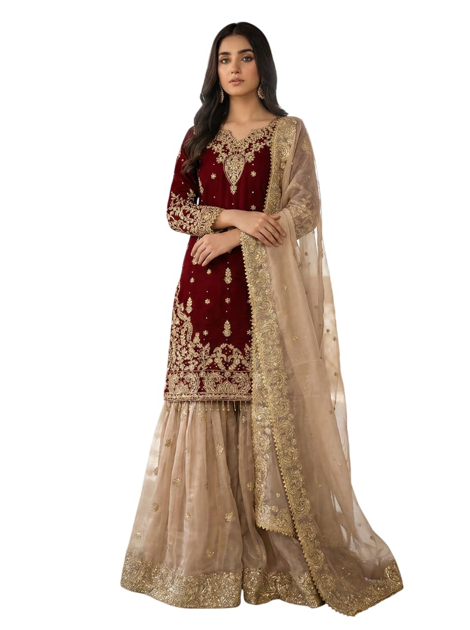 FlexFit Apparel Embroidered Sharara Suit, Gold Embroidery, Georgette, 3 Piece Set with Dupatta - Review, Price and Buying Guide