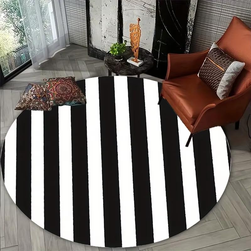 Tapis de sol rond à rayures 80 cm noir et blanc lavable - 3