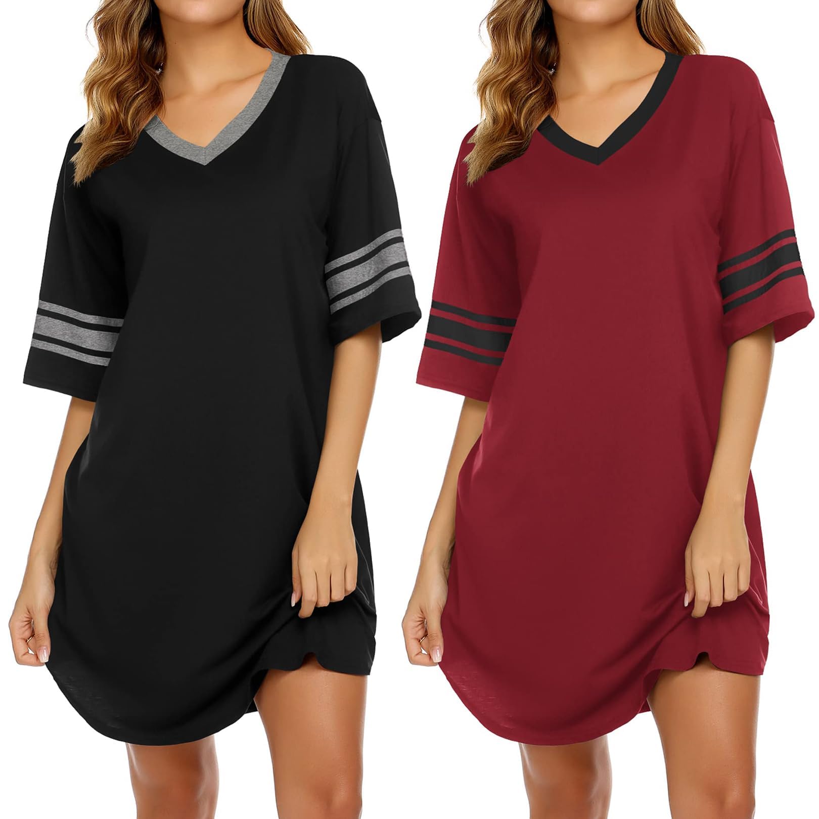 Ekouaer 2er Nachthemd Damen Kurzarm Schlafshirt Kurz V-Ausschnitt Sleepshirt Lose Schlafkleid Nachtwäsche S-XXL