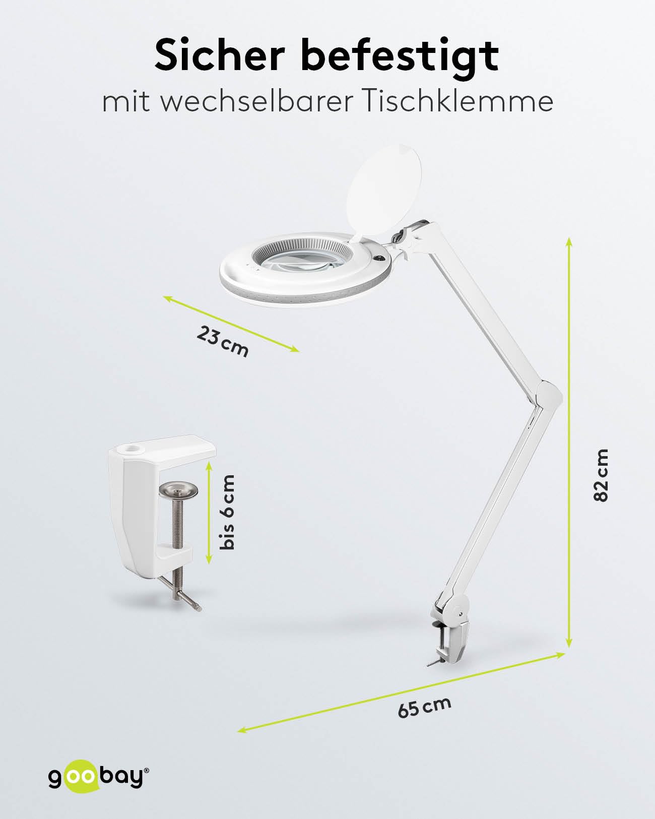 goobay 60362 LED Lupenleuchte mit Klemme / 9 W Leistungsaufnahme / 127 mm Kristall-Glaslinse/Farbtemperatur 6400 K / 1.75x Vergrößerung/Lichtstrom 83-730 Lumen/Weiß