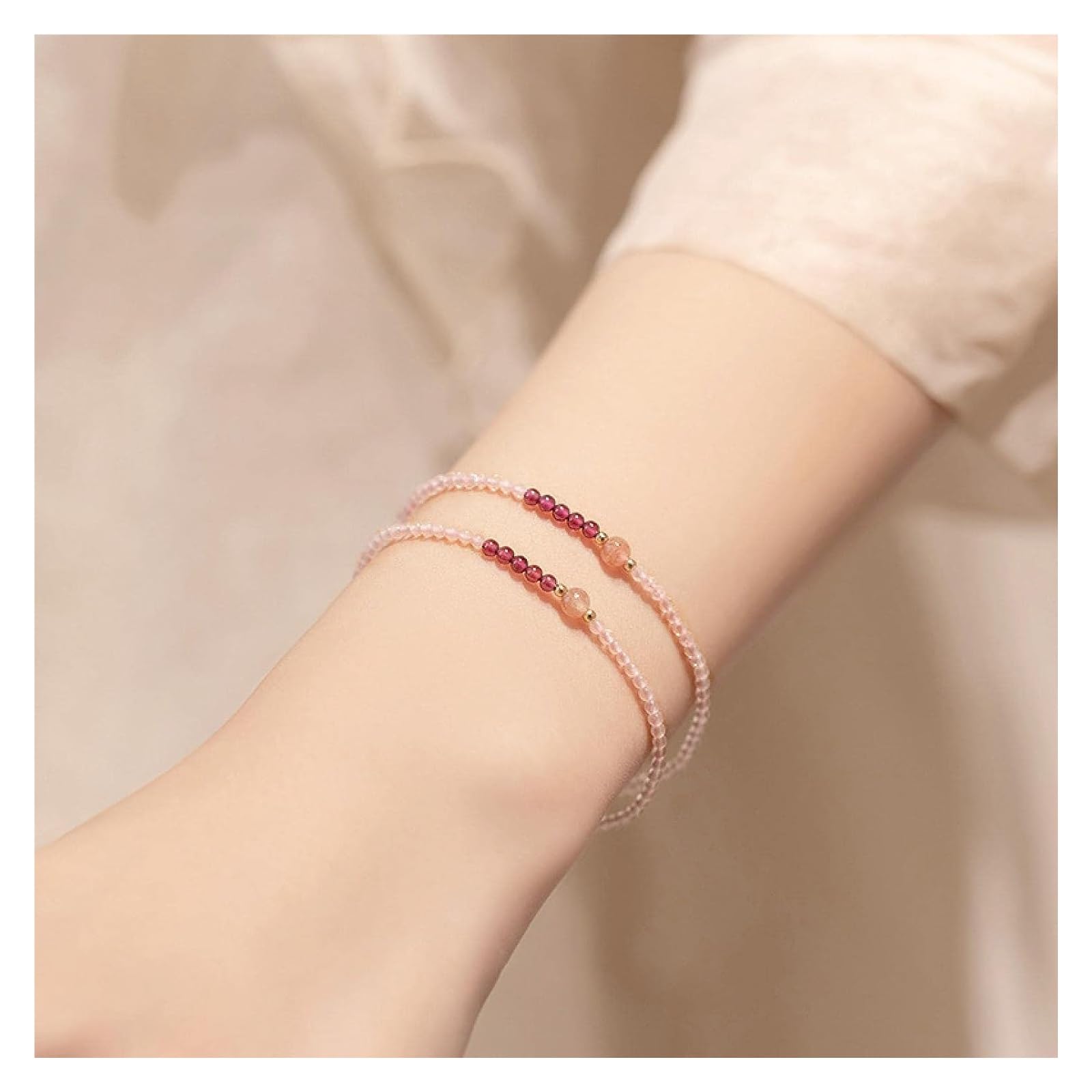 JCAKES Bracciali con perline Braccialetti Donna Lady Bracciale Ragazze Regalo Sottile 2mm Quarzo Fragola Naturale/Quarzo ross Granato Perline Braccialetti Ragazze Delicato