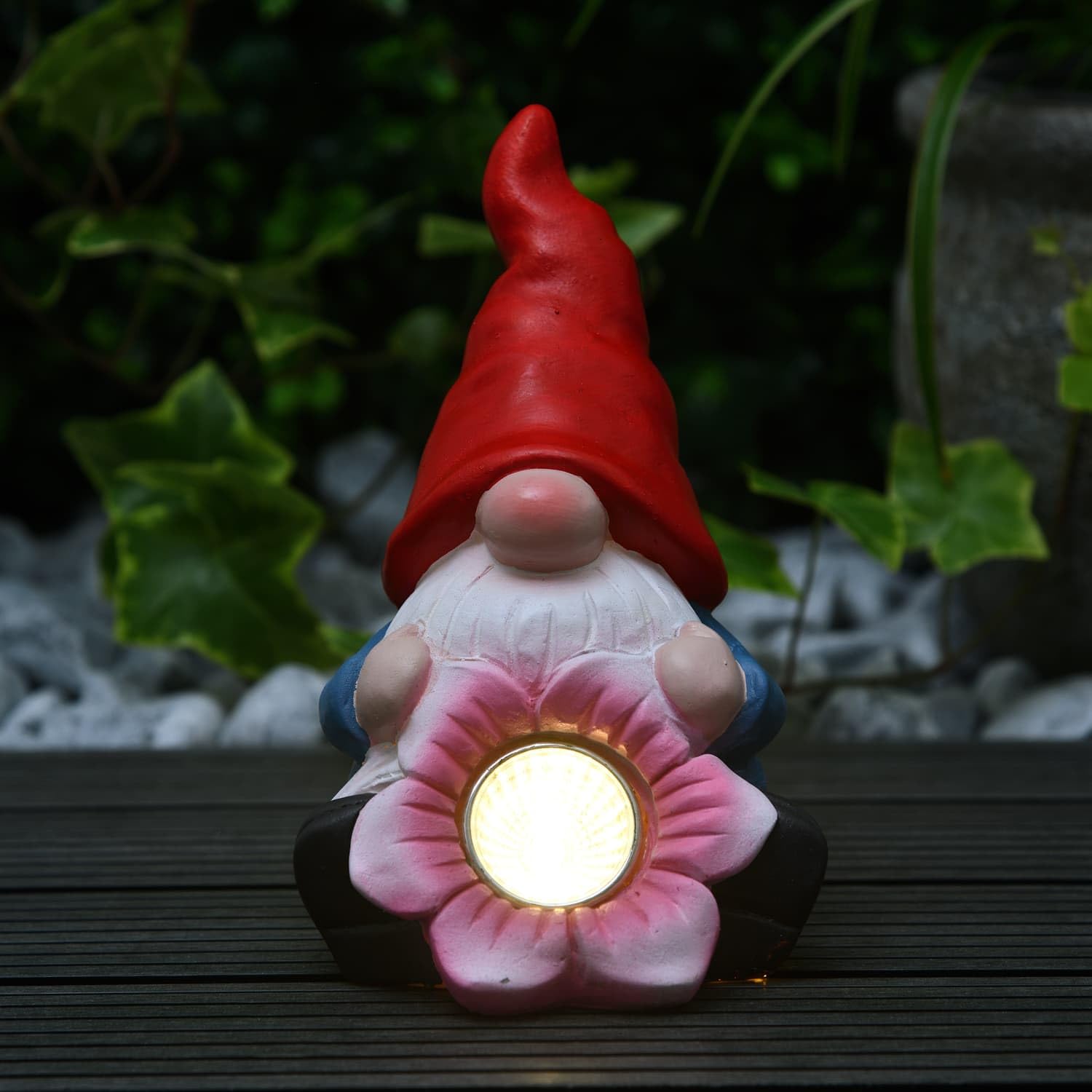 Bloomingtons Direct Red Solar Garden Gonk Gnome Ornament – Mini Waterproof Light Up Outdoor Statue With Led Flower – Novelty Scandi Tomte Figurine For Patio, Lawn & Yard – Unique Weatherproof Garden Gift (Red)