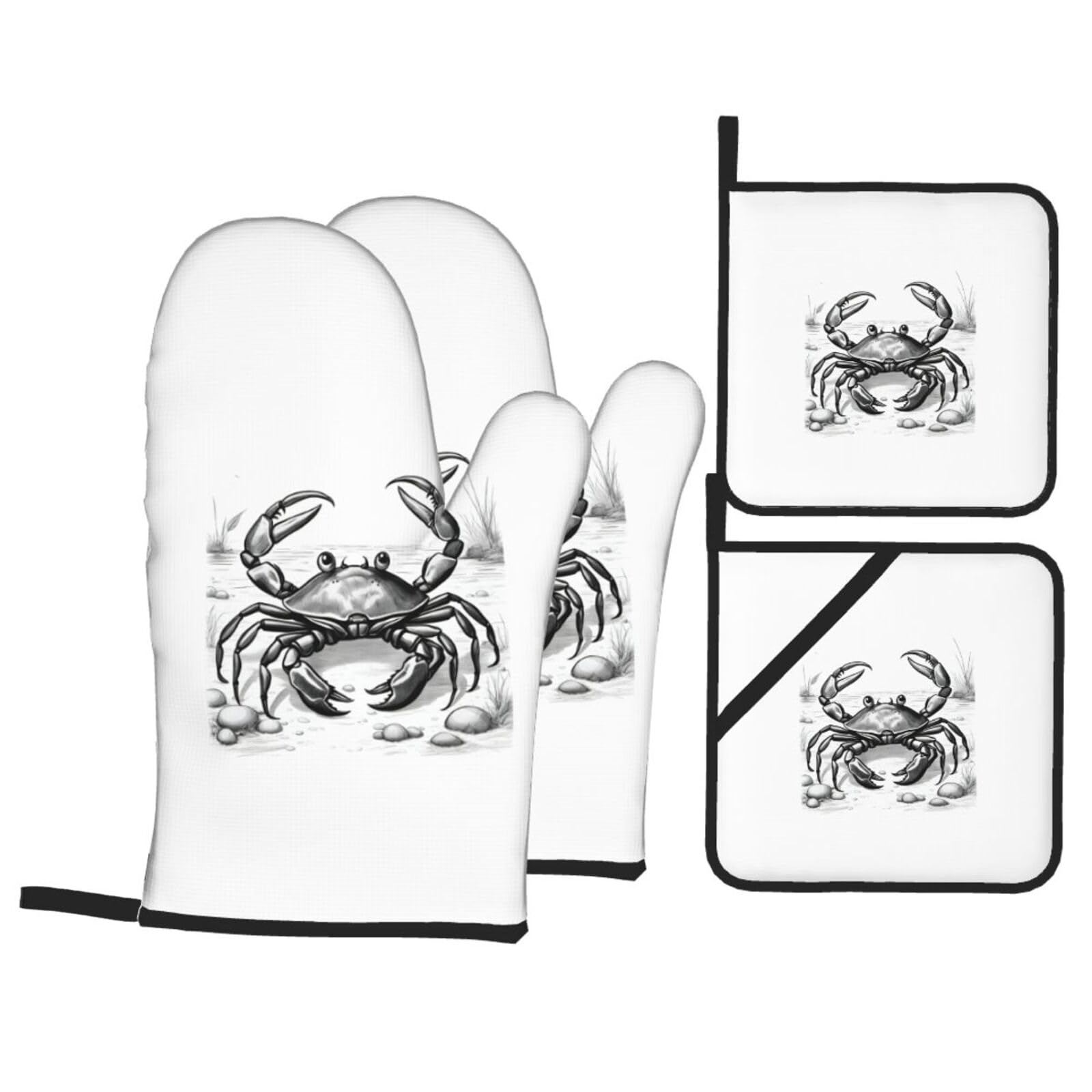 cartoon crab 1 Print 4-Piece Oven Microwaving Set Waterproof Kitchen Gloves for Baking Grilling Cooking