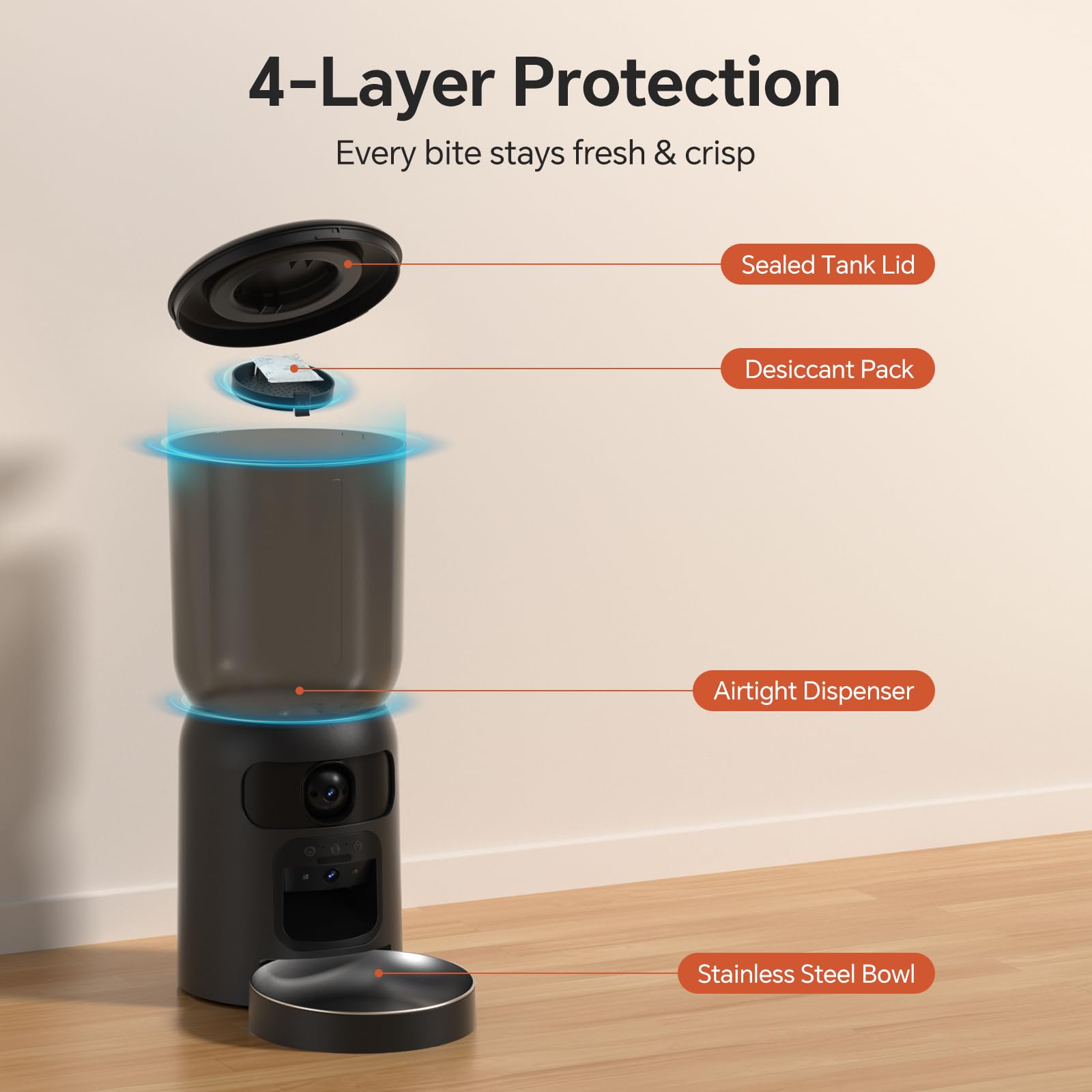 Automatic Cat Feeder with Dual 2K HD Camera, Smart Pet Food Dispenser for Timed Meals, APP Control Laser Interactive Toy Treat Feeders with 2.4G / 5G WiFi, Black