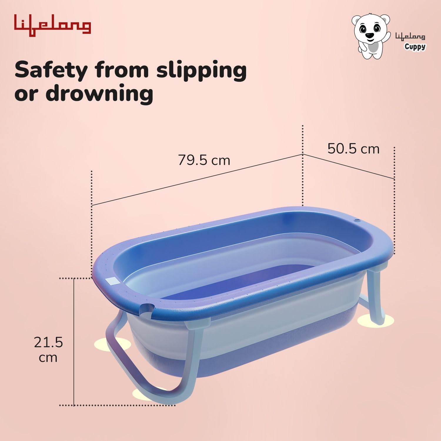 Lifelong Cuppy Baby Bath Tub for 0-3 Years | Spacious, Durable & Anti Skid Seating Tub for Babies - Colapsable & Easy to Store | Safe, Non-Slip Strong Foldable Legs | Easy Drainage Hole, BPA Free - Image 7 thumbnail