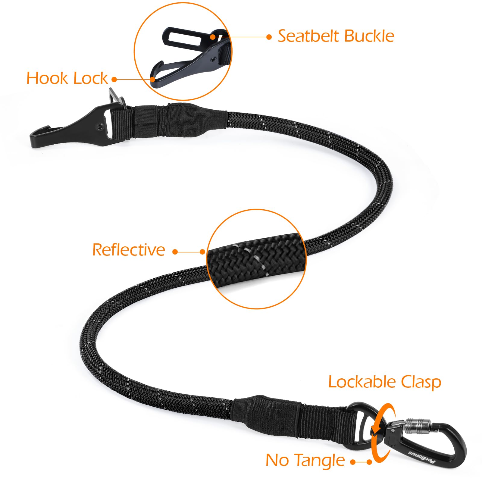 PetBonus Dog Seat Belt for Car, Durable Rope Dog Car Harness Seatbelt for Vehicle, Pet Tether Safety Restraint with Heavy Duty Buckle Hook Latch Lockable Clip for Small Medium Large Breeds (Black) - image 6