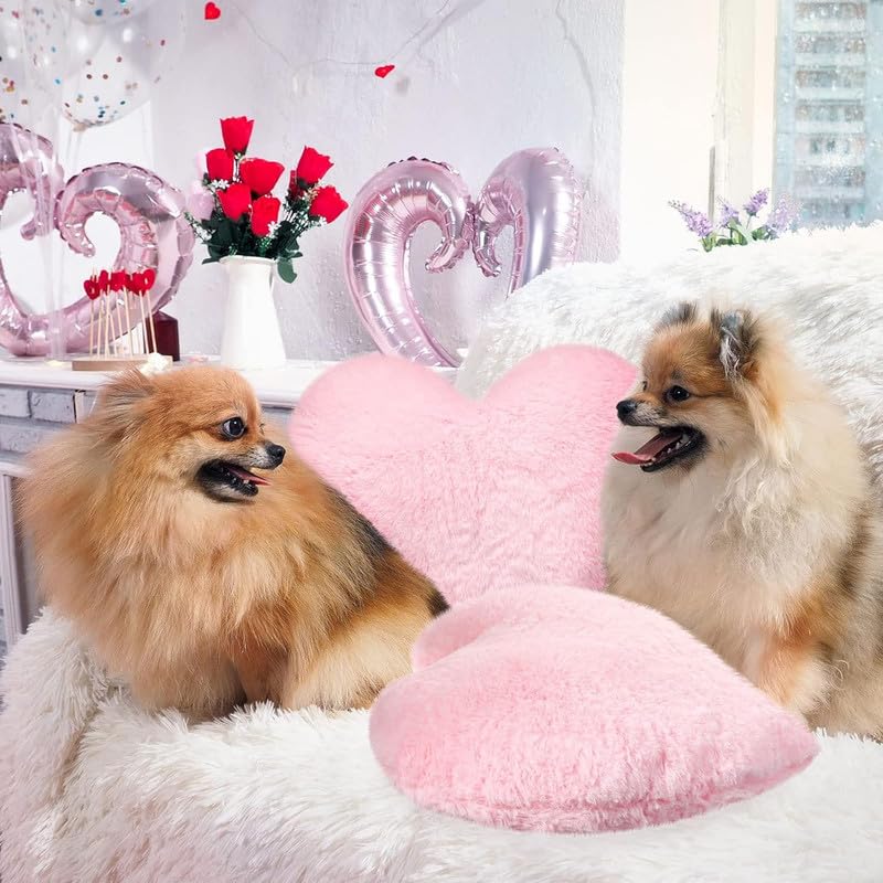 Image of RVA 2 Pieces Soft Throw Pillow Plush Heart Shaped Pillow Faux Rabbit Fluffy Heart Decorative Cushion for Girl on Valentine's Day Fit for Living Room Dining Sofa Car (35 CM) (Pink)