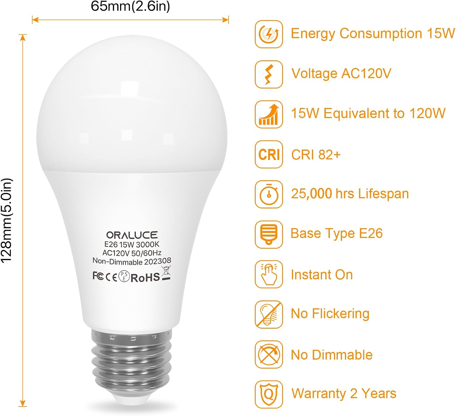 ORALUCE LED Light Bulbs 100 Watt - 120 Watt Equivalent, 15W 1600 Lumens 3000K Soft White LED Bulbs, E26 Medium Base, Non-Dimmable, UL Listed, 6Pack