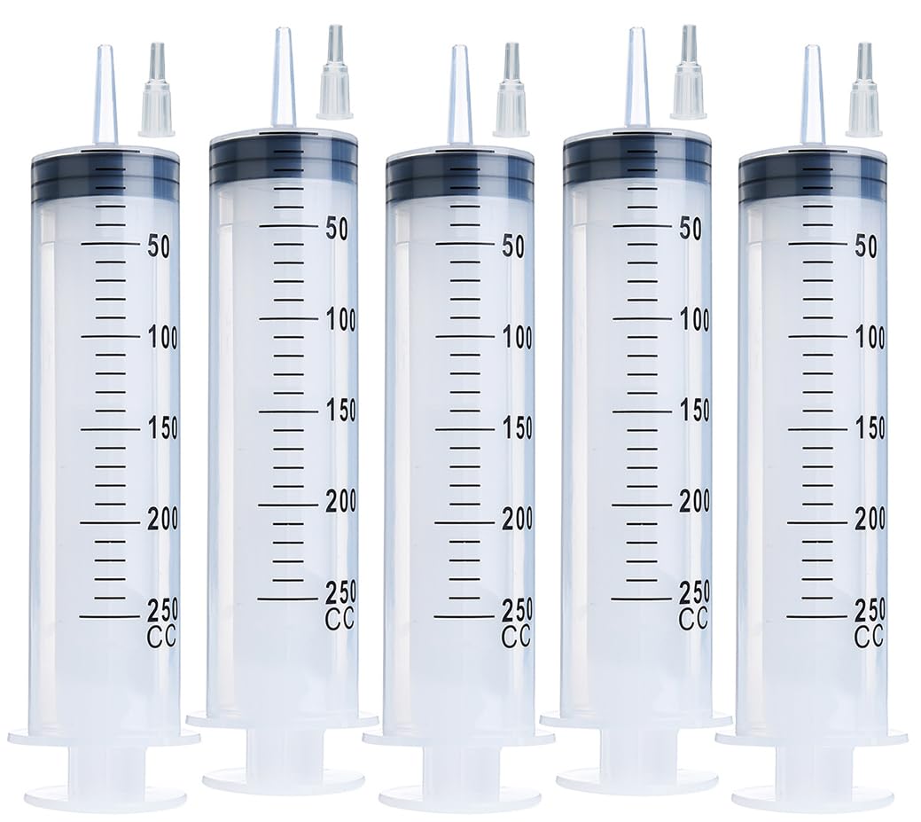 5pcs 250ml Large Syringe with Cap, Individually Sterile Sealed Plastic Syringes with Measurement for Your Scientific Labs, Measuring Liquids, Feed