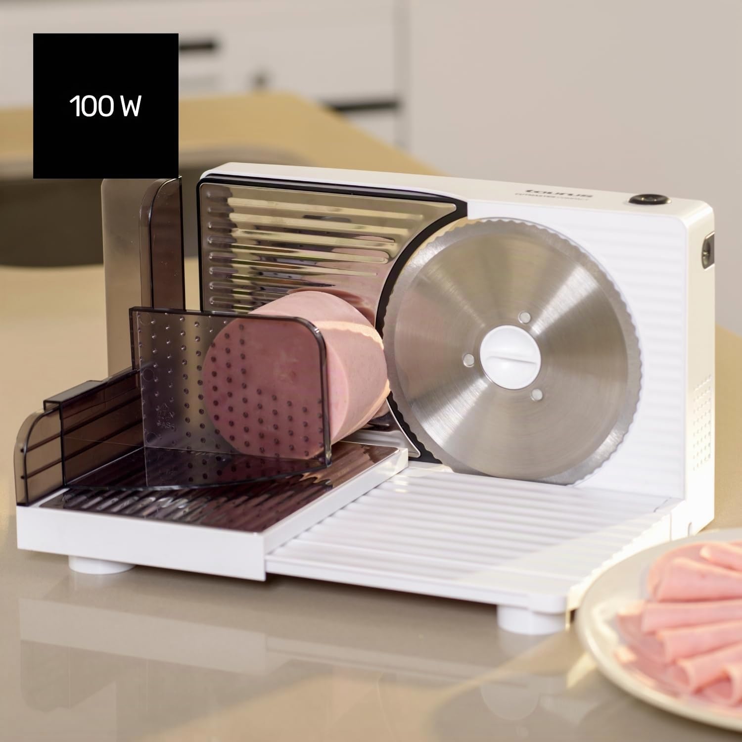 Taurus Cutmaster Compact - Trancheuse électrique 100W, Pour jambon, viande et saucisson, Découpe de 1 à 15 mm, Lame en acier inoxydable de 17 cm, Table de découpe pliable, Protection des doigts